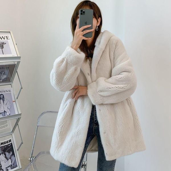 

women's fur & faux women 2021 winter rex coats female oversize thick hooded warm jacket ladies fashion fake furs plush outwear c657, Black