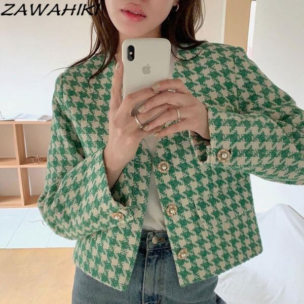 

women's jackets zawahiki korean ins elegant houndstooth coat women autumn 2021 v neck single breasted long sleeve chaqueta fashion shor, Black;brown