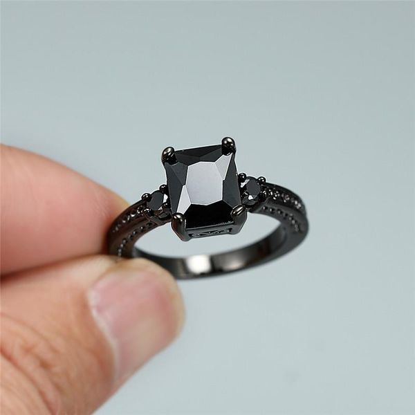 

wedding rings vintage black zircon rectangle stone for women gold filled crystal ring female luxury jewelry finger bands, Slivery;golden