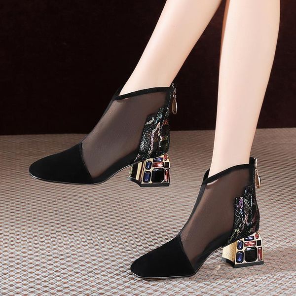 

new mesh sandals boots women mesh ankle boot for summer mid heel rhinestone ponited toe shoes hollow out back zip black