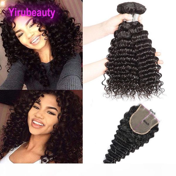

malaysian virgin hair 3 bundles with 6 by 6 lace closure deep wave curly human hair extensions with 6x6 lace closure middle three part, Black;brown
