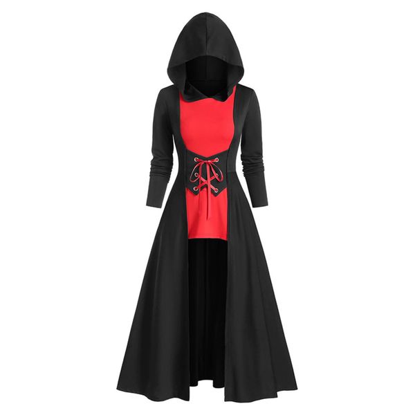 

new women's mid length contrast cape lace up long sleeve dress, Black;gray