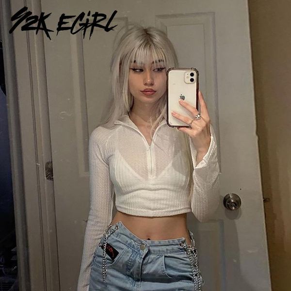 

women's t-shirt y2k egirl fashion zipper flare sleeve white t-shirts e-girl aesthetics o-neck transparent crop streetwear vintage