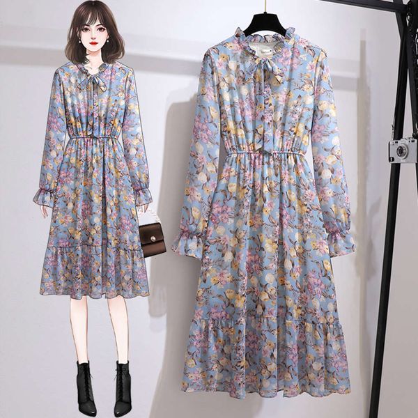 

big size women's dress in spring and autumn 2021 fat sister's foreign style shows thin, covering abdomen, reducing age, floral chi, Black;gray