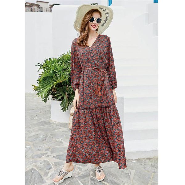 

casual dresses boho kaftan women long sleeve maxi dress flower print caftan v neck loose party gown vintage bohemian elegant vestidos, Black;gray