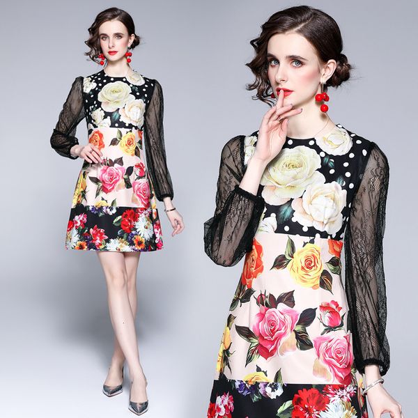 

autumn temperament celebrity skirt fashion rose print stitched lace long sleeve waist closing dress, Black;gray