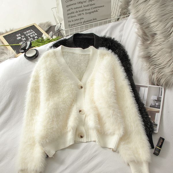 

2021 new korean crop sweater women single-breasted short cardigan spring autumn woman v neck button up knitted sweaters 0301, White;black