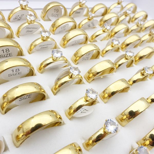 

wholesale 50pcs(25 pairs) stainless steel band rings golden plated zircon 4mm 6mm mens womens engagement wedding bands fashion jewelry gift, Silver