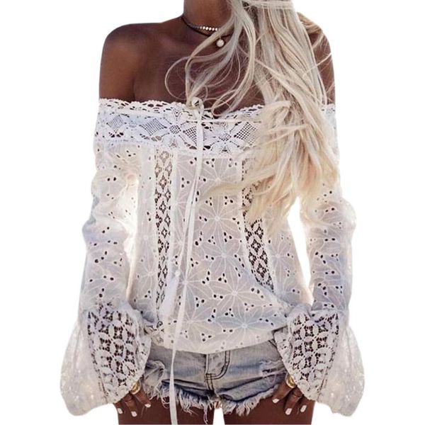 

women's blouses & shirts 2021 white blusas shirt cut out women lace blouse full flare sleeve slash neck casual off shoulder blusa