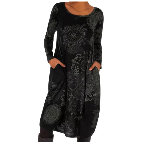 

women floral print o neck party dress 2021 new spring autumn long sleeve a-line midi dress ladies new casual loose dress pocket, Black;gray