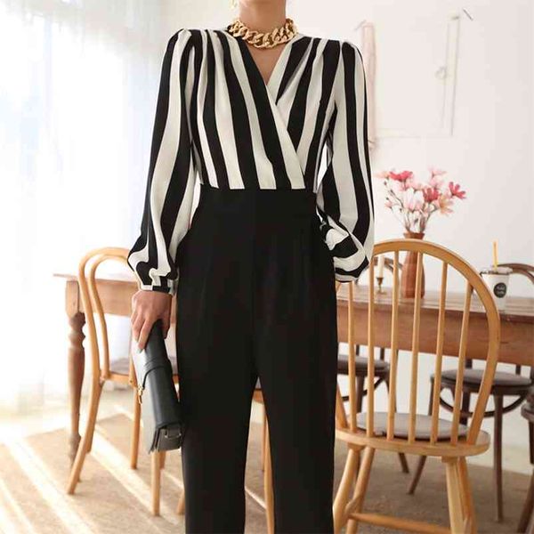 

ladies korea jumpsuit for women autumn black stripes v neck trousers wide leg pants long playsuits 210530, Black;white