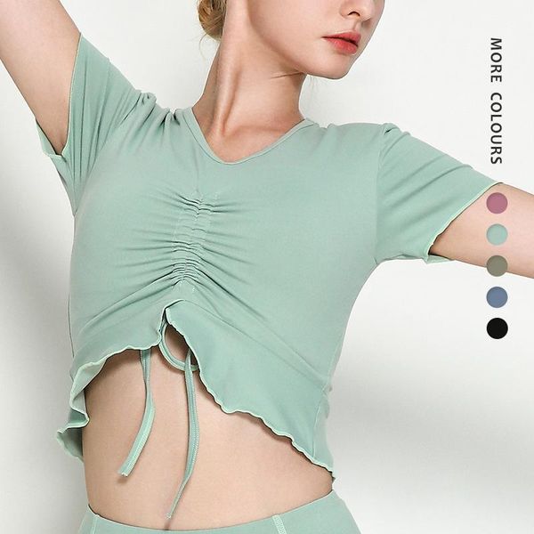 

yoga outfit drawstring v-neck sports short-sleeved t-shirt with lotus leaf swing short breast pad nude suit