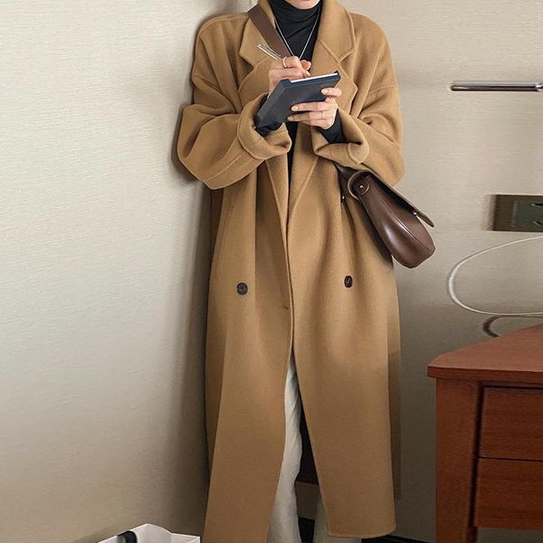 

women's wool & blends 2021women elegant winter double-faced cashmere overcoat long vintage woolen coat suit collar loose coats lady str, Black