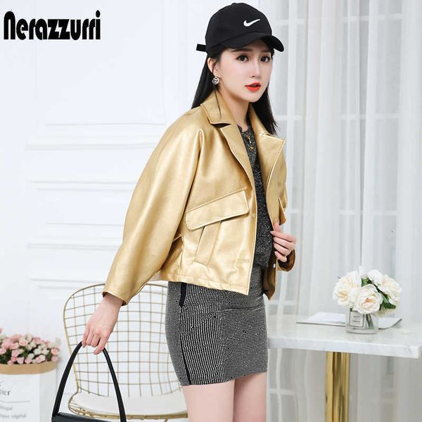 

nerazzurri gold short oversized autumn leather jacket women batwing sleeve lapel 6xl 7xl plus size women faux leather jackets t200908, Black