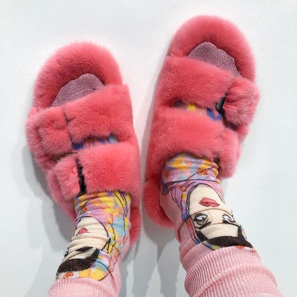 

yoloagain real slides women double buckle fluffy house slippers, Black