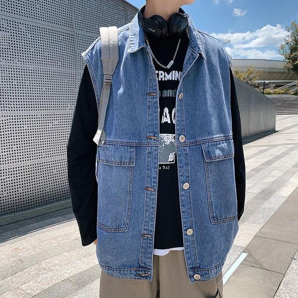 

spring cotton denim vest men's fashion retro pocket denim vest men streetwear korean loose jackets coats mens m-2xl, Black;white