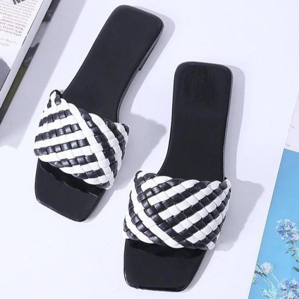 

slippers summer women shoes square toes flat beach sandals weave ladies with tghdof20, Black