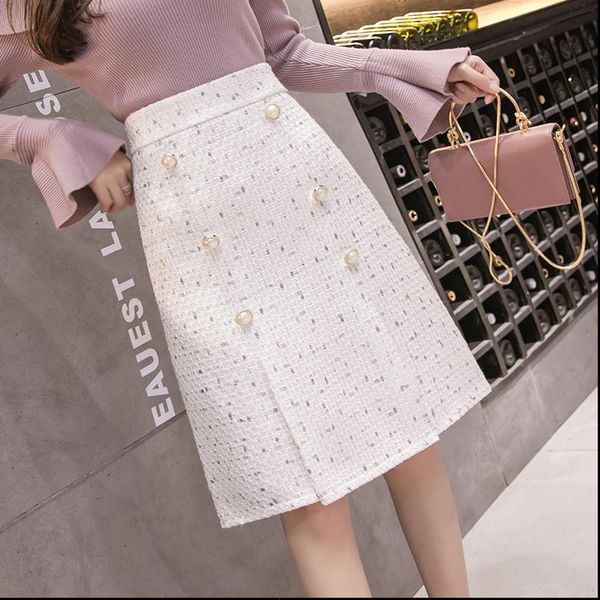 

2020 new autumn and winter tweed womens skirt elegant office double breasted vintage package hip skirt female, Black