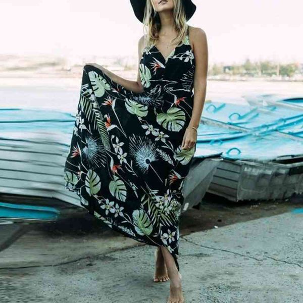 

women's 2020 summer new printing sling beach pregnant woman dress, Black;gray