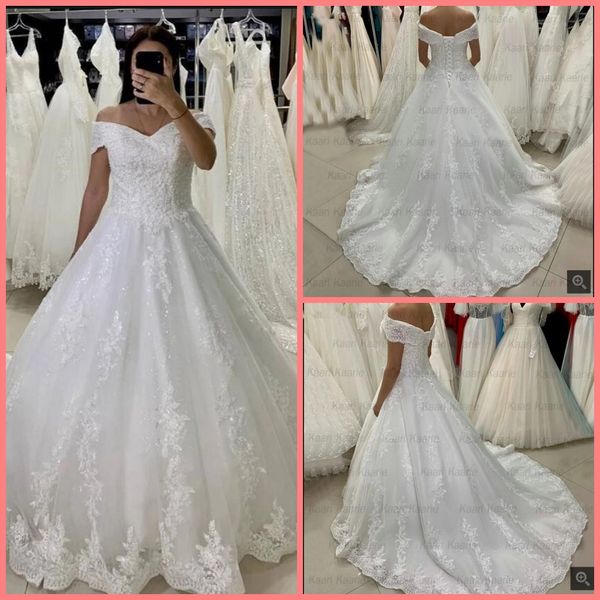 

gorgeous white tulle princess wedding dress lace up off the shoulder appliqued bride dresses long beaded custom made 2021 bridal gowns vesti