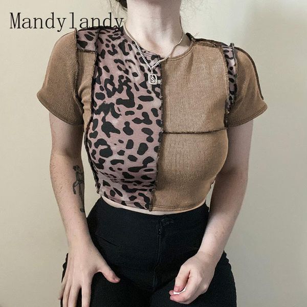 

women's t-shirt mandylandy women leopard patchwork skinny crop shirt lady vintage short sleeve o neck slim fit bottoming, White