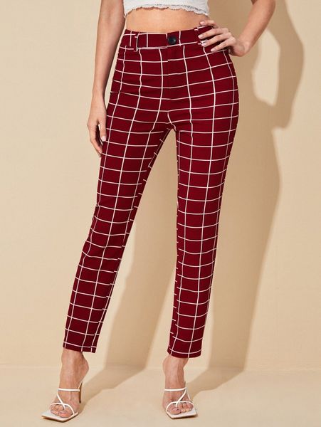 

plaid print high waist pants w05a#, Black;white