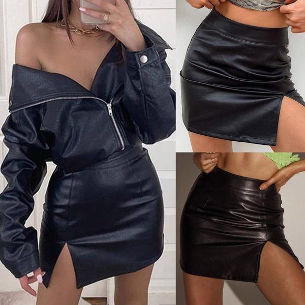

skirts womens solid color zipper high waist split pu leather irregular elegant evening party club wear bodycon mini short skirt, Black