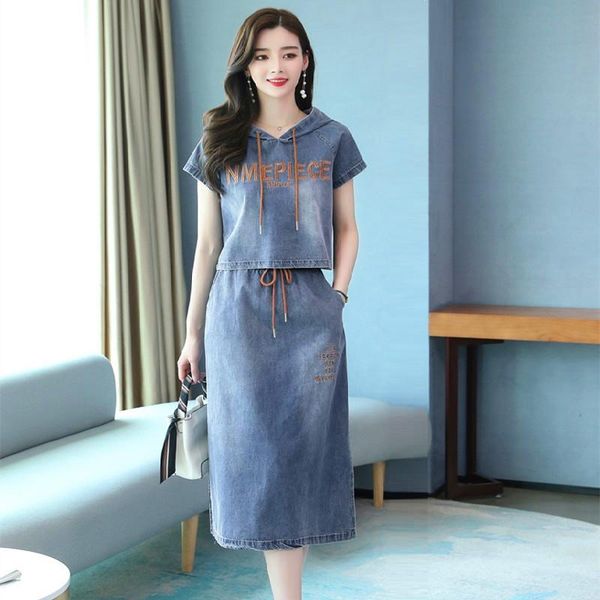 

two piece dress summer women denim sets plus size casual loose hooded and slim jeans skirts two-piece suits for females, White