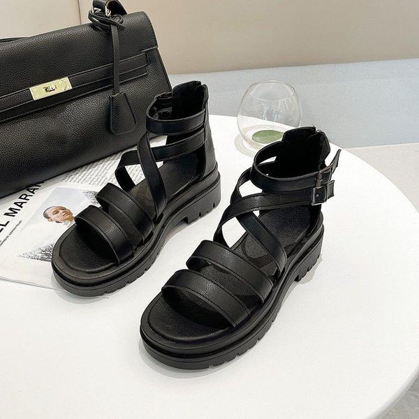 

sandals 2021 female spring and summer thick-soled zipper roman high cut hollow, Black