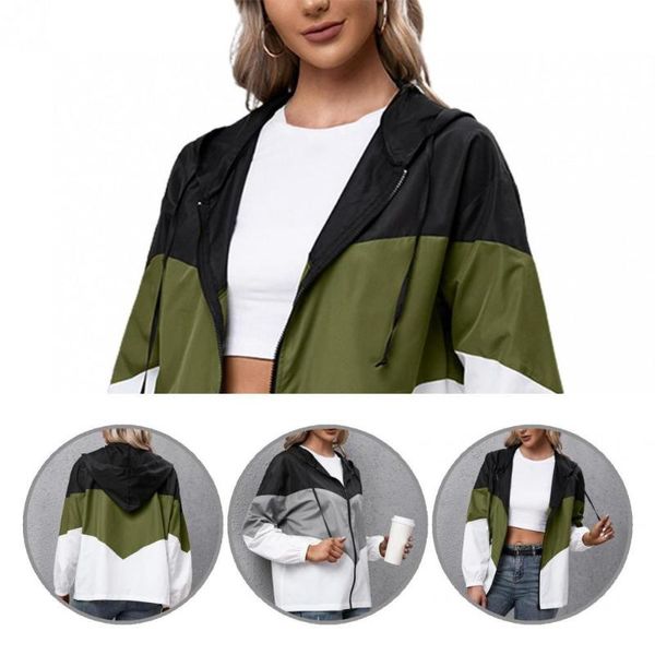 

women's jackets coat windproof color block zipper hooded lady outdoor hoodie loose for hiking, Black;brown