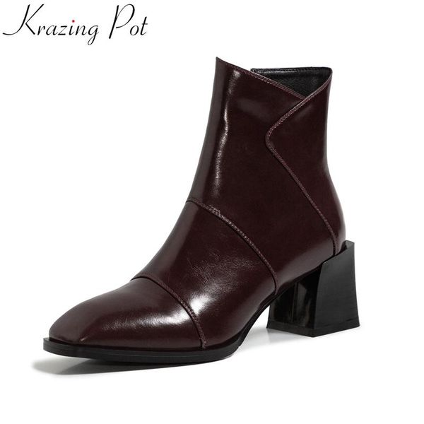 

boots krazing pot 2021 split leather round toe brand high heels patchwork winter shoes zipper concise mature dress ankle l84, Black