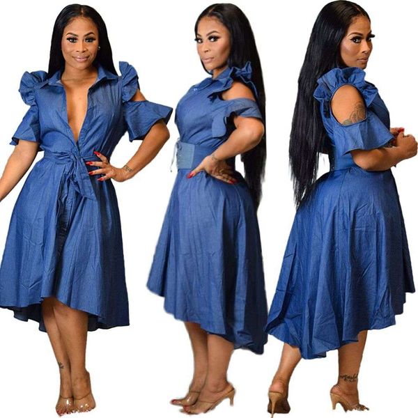

women's solid color hollow out ruffle front short back long denim dress, Black;gray
