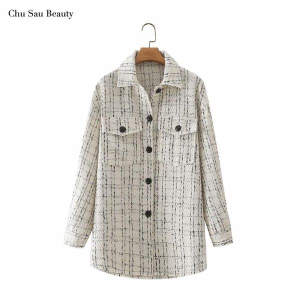 

women's jackets chu sau beauty autumn and winter white plaid jacket, lapel long-sleeved fashion casual retro pocket decoration, Black;brown