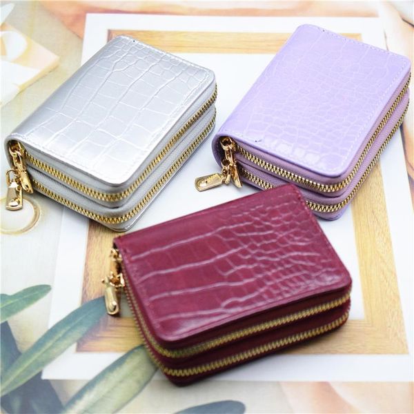 

card holders women business holder wallet pu leather purple/red/silver bank case id double zipper cardholder, Brown;gray