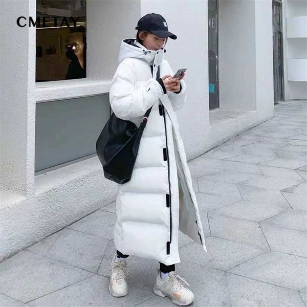 

long down jacket women's coat winter korean oversized thick warm hooded parka black white cotton jackets 211008