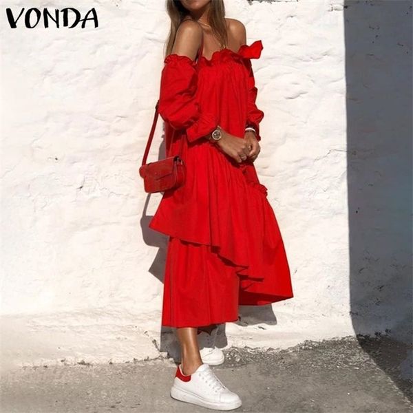 

ruffle dress 2021 vonda holiday sundress long sleeve midi irregular hem dress bohemian robe femme vestido, Black;gray