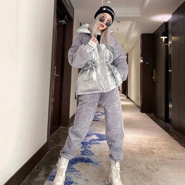 

2021 sequins winter down cotton jacket + cotton trousers two-piece suit ski suit cold and windproof warm pant sets tz523, White