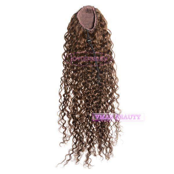 

brazilian vmae #4 dark brown 120g water wave horsetail tight hole curly human hair drawstring ponytails, Black
