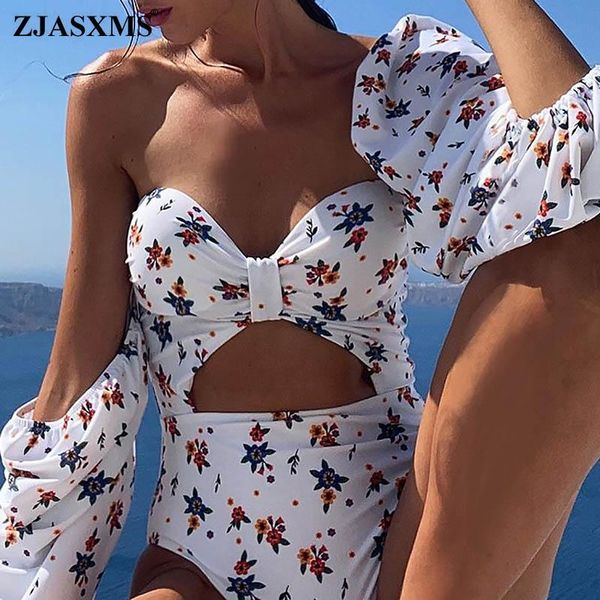

one-piece suits strapless hollow out one piece swimsuit women lantern long sleeve bikini swimwear summer tie-up bow high waist bathing