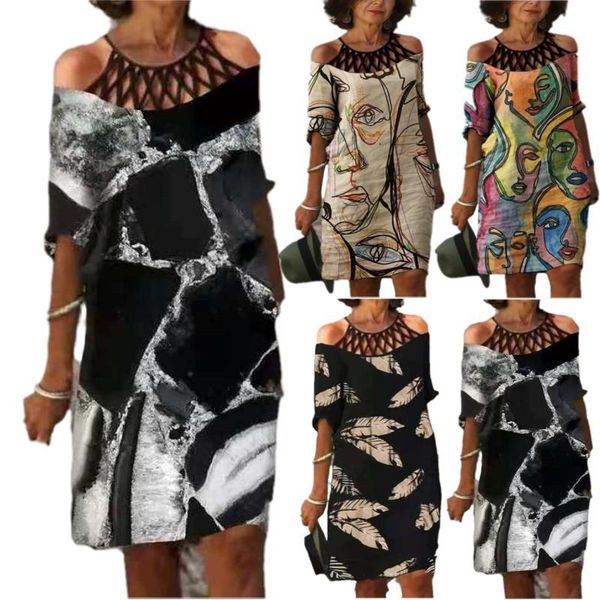 

party dresses elegant halter short sleeve loose print ladies dress strapless hollow out mini summer women vestido, White;black