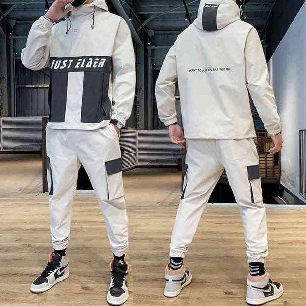 

men's tracksuits hip hop military tracksuit hooded jacket+pant patchwork 2pc set for fashion s sportswear suits rt0f, Gray