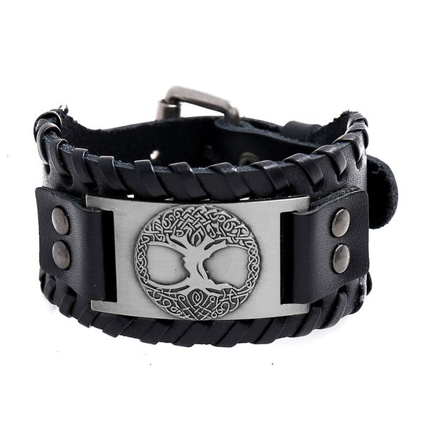 

bangles bracelet accessories viking totem lucky tree cowhide woven punk men's wide leather, Black