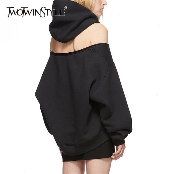 

twotwinstyle casual women's sweatshirts hooded long sleeve backless off shoulder hoodies for female autumn fashion clothing 210805, Black