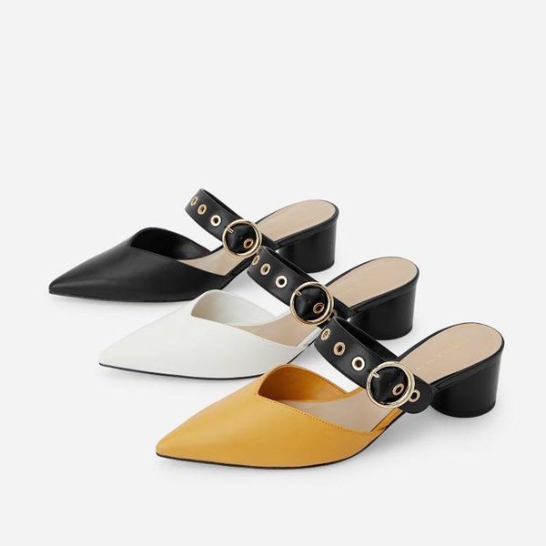 

dress shoes 2021 autumn mule heel sandals high pointed ankle strap round women mules slippers, Black