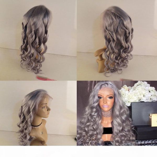 

grey human hair wig for women body wave virgin peruvian silver grey full lace wig glueless human hair wigs, Black;brown