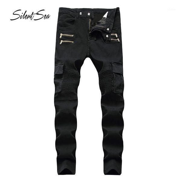 

silentsea fashion men's jeans cotton men zipper simple pants patch skinny ripped for, Blue