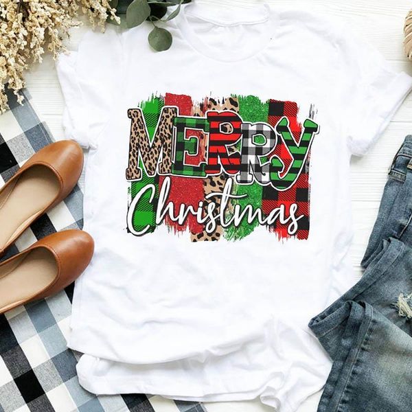 

women lady plaid leopard letter holiday 90s autumn winter merry christmas tshirt female graphic clothes shirt t tee t-shirt, White