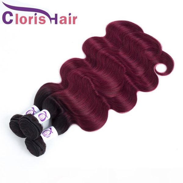 

raw virgin indian hair wavy weave bundles ombre body wave 3pcs deals 1b burgundy colored human hair bundles red 2 tone highlight extensions, Black