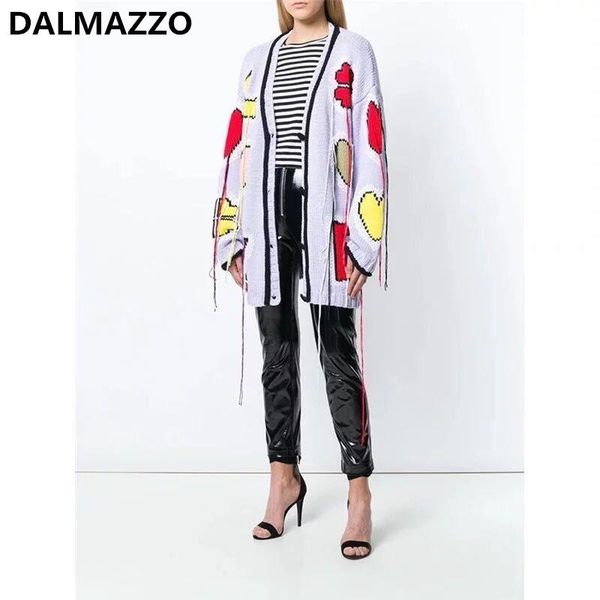 

women's sweaters dalmazzo 2021 autumn winter runway designer knited long cardigan print tassel single breasted casual loose outerwear f, White;black