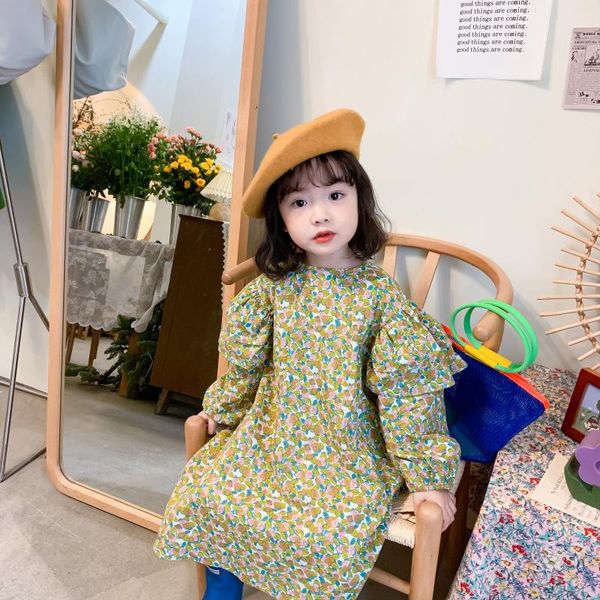 

2021 girls spring long sleeve round neck floral dress, Red;yellow